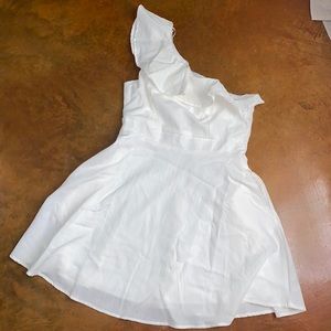 Francesca’s white one shoulder ruffle dress